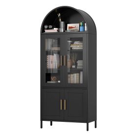 Metal Arched Storage Cabinet, Black Arch Bookcase With Glass Doors, Modern Freestanding Kitchen Pantry Cabinet For Home Office Bar Living Room
