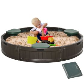 Outsunny Round Sandbox for Kids, Outdoor Backyard Play Area with Cover and Seating, HDPE and Oxford Fabric, Brown