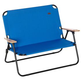 Outsunny Folding Double Camping Chair Portable Loveseat 2 Person Outdoor Chair with Wood Armrest Cup Holder Beach Travel Blue