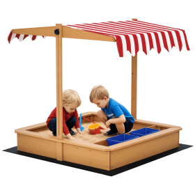 Outsunny Children's Sandbox with Adjustable Cover, Wooden Sand Play with Seats & Basins