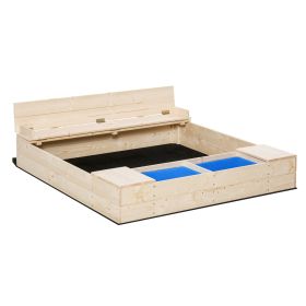 Outsunny Kids Wooden Sandbox with Convertible Bench Seat, 2 Side Buckets, Waterproof Cover, and Storage Space
