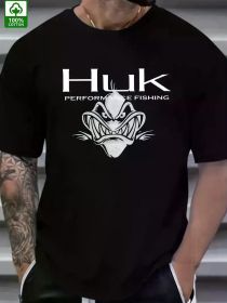 Men's HUK Performance Fishing Pattern T-Shirt - 100% Cotton, Black, with Raging Fish Design, Casual Summer Outdoor Wear