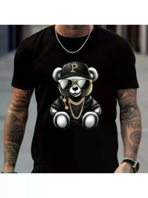 Men's T-Shirt, Glasses Bear Print Short Sleeve Crew Neck T-Shirt, Summer, Casual Outdoor Comfort Clothing, Men's, Four Seasons, Christmas T-Shirt.