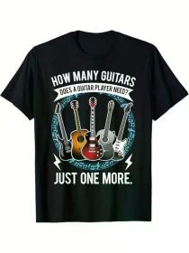 Guitar print men's cotton graphic t-shirt, casual short sleeve crew neck t-shirt, men's outdoor t-shirt