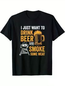Fun BBQ print men's cotton graphic t-shirt, casual short sleeve crew neck t-shirt, men's outdoor t-shirt